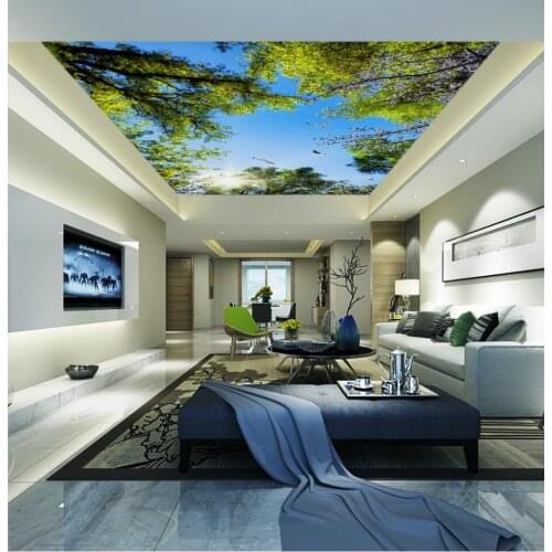 Oil painting style blue sky white clouds green leaves leaves ceiling mural Bedroom Living Room Ceiling Decoration