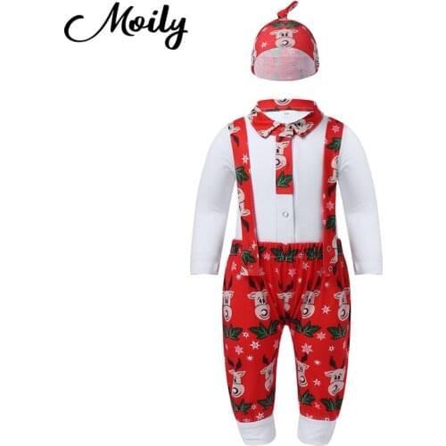 3Pcs Newborn Baby Boys Elk Print Outfit Long Sleeve Jumpsuit Romper Suspenders Pants with Hat Baby Kids Christmas Clothes Sets