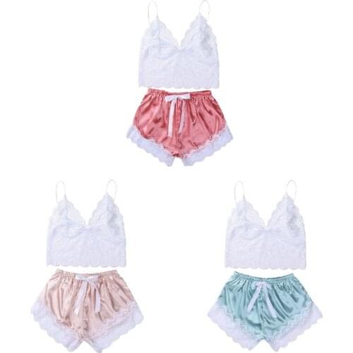 Women Lingerie Set Lace See Through Sleepwear Nightwear Clothes Floral Sling Bralettes Bra Bow Satin Short Pants two pieces 2020