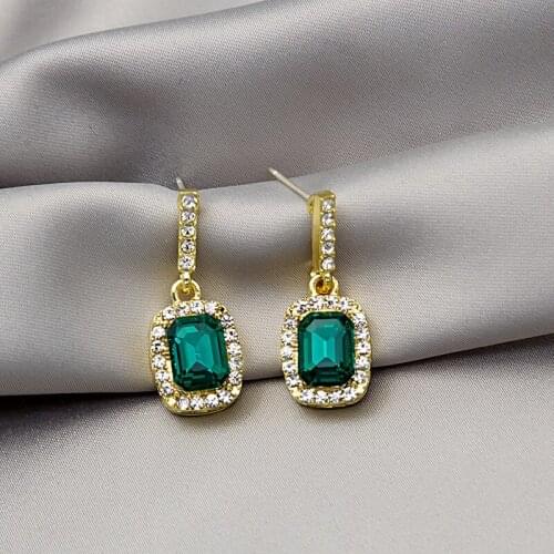Korean Fashion Green Geometrical Dangle Earring for Women Delicate Rhinestone Gold Metallic Wedding Earring Jewelry Pendientes