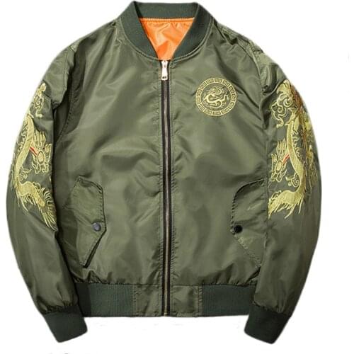 SRTM Men Dragon Embroidery Bomber Jackets Pilot Chinese Style Coat Aviator Jacket male zipper Baseball Military Green Jacket