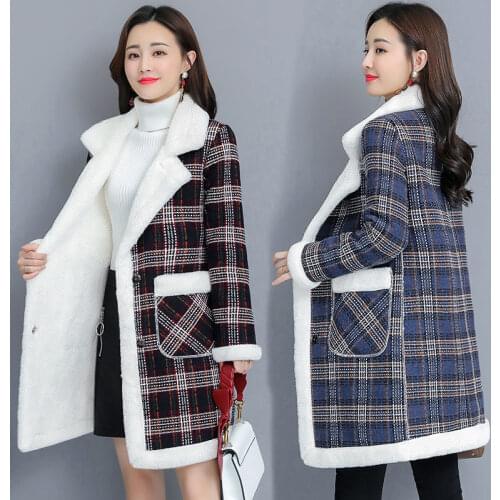 Winter Korean Plus velvet Thicken Womens Jacket Warm Loose Plaid Long Outerwear Faux Lamb velvet Coats Large size Female Parkas