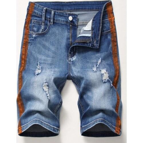 2021 Europe American Foreign Trade Jeans Fifth Pants Elastic Hole Personality Popular Mens Pants