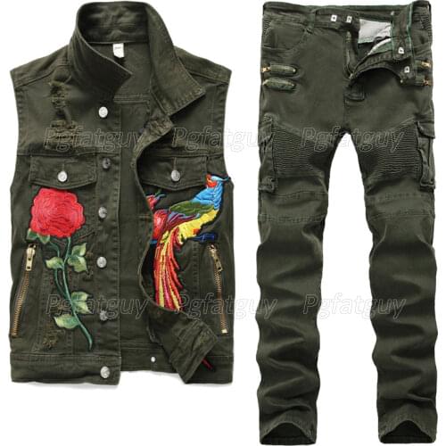 European Style Mens Army Green Loose Set Hip Hop 2 Pieces Embroidered Phoenix Flower Men Clothes Hole Ripped Denim Vests Pants