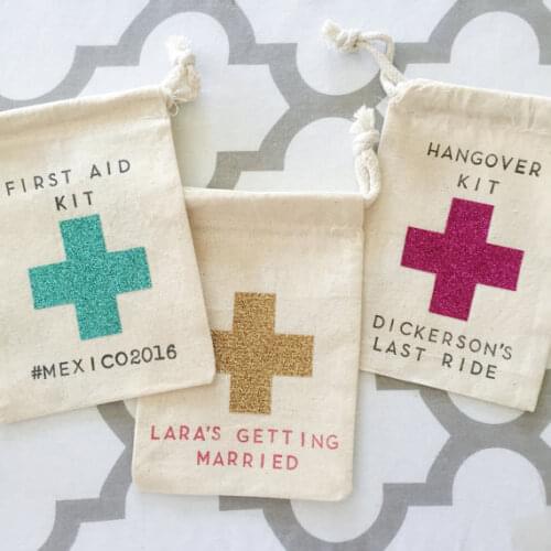 Personalized text glitter Bachelorette Hangover recovery Survival Kit wedding favor gift bags bridal shower party Candy pouches
