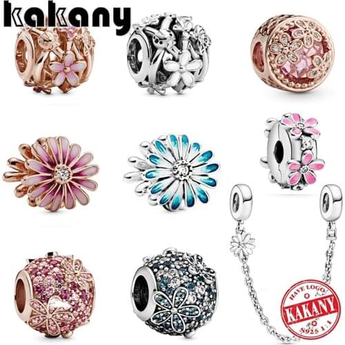 New Fashion S925 Sterling Silver White, Pink Daisy Flower Bouquet Series Charm DIY Jewelry Original Woman Romantic Gift