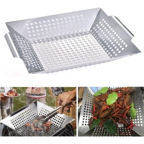 New Stainless Steel Barbecue Grill Pan Baking Tray Square Vegetable Grill Basket BBQ Grid Topper Veggies Barbecue Wok Tool