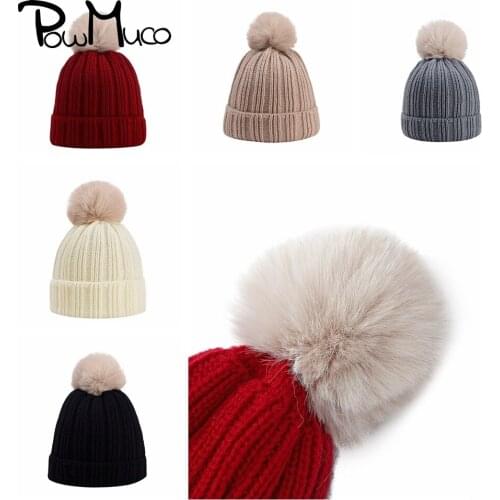 Powmuco 16*16 CM Solid Color Striped Baby Girls Hats Fashion Handmade Knitted Infant Caps Soft Pompom Headwear Kids Accessories