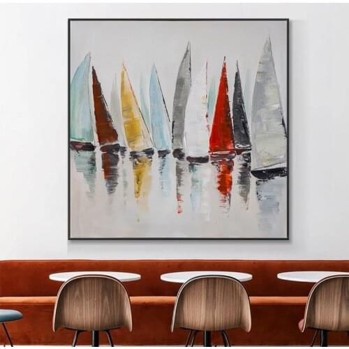 Simple Design Artist Hand-painted High Quality Abstract Boats Landscape Oil Painting on Canvas Many Boats Painting for Wall Art