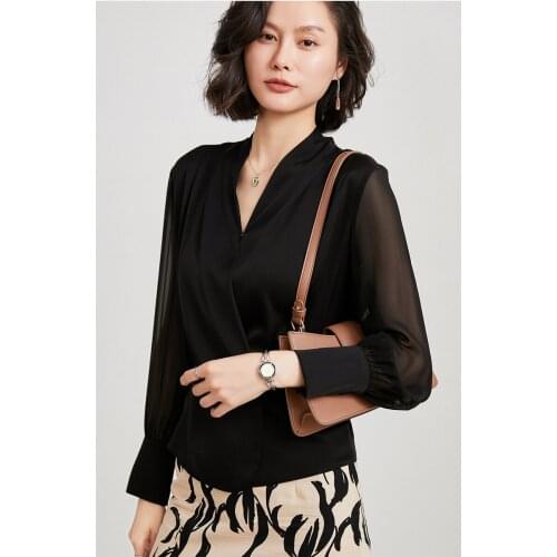 100% Silk shirt women noble western style cross-neck slim long-sleeved high-end Spring Summer silk blouse