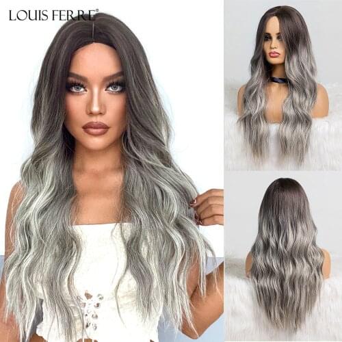 LOUIS FERRE Long Wavy Ombre Black Light Ash Brown Gray Wigs Middle Part Cosplay Synthetic Wig for Women Heat Resistant Fibre