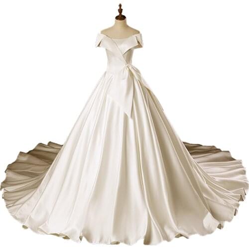 SL-8005 Sample Pockets Bridal Dress Corset A-line Off the Shoulder Short Sleeve Bow Cheap Wedding Dress China