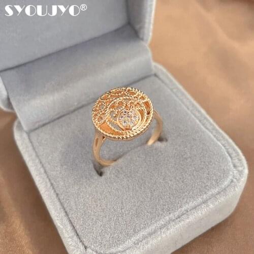 SYOUJYO Vintage 585 Rose Gold Hollow Disc Rings For Women Classic All-Match Natural Zircon Top Quality Wedding Part Fine Jewelry