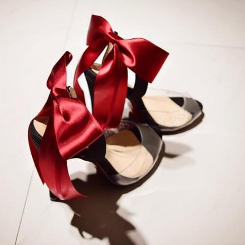 Summer Sexy Back Silk Ribbons Bowtie PVC Pumps Thin High Heels Transparent Peep Toe Back Strap Party Dress Shoes