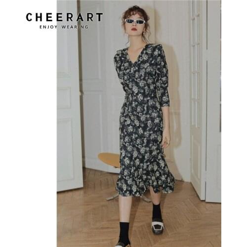 CHEERART Black Rose Print Vintage Dress Women Autumn 2020 V Neck Floral Ladies Bodycon Long Classy Dress Korean Fashion Clothing