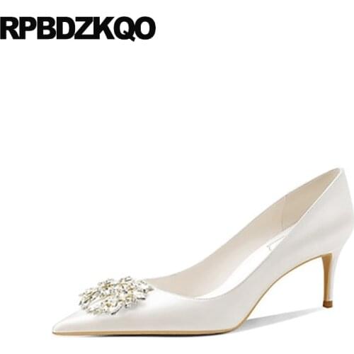 Women Satin Pointed Toe 8cm Rhinestone High Heels White Bridesmaid Wedding Stiletto Diamond Crystal Pumps Ivory Bridal Shoes