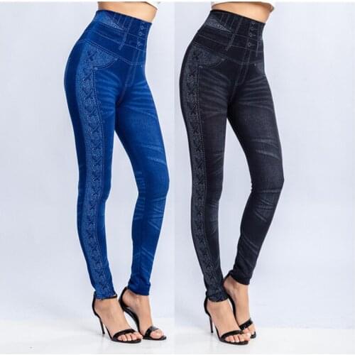 Women Sport Lady Denim Fake Jeans Leggings Jeggings Streth Pants With Pockets Blue Black Slim Leggings Jeans Skinny Trousers