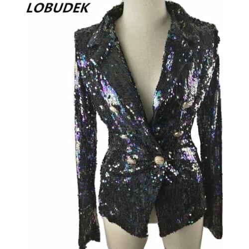 2018 New Women Black Sequins Jackets Punk Slim Coats Female DJ DS performance Outerwear Jazz Dance Coat Stage Costume Host Show