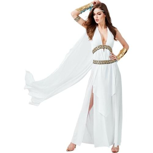 Women Greek Roman Goddess Costume Sexy Halter Backless Robe Cosplay Halloween Carnival Party Fancy White Dress Costume