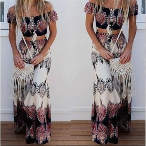 2020 Summer Boho Print Women Sexy Strapless Two Piece Set Slash Neck Short Sleeve Crop Tops&Long Skirts Beach Maxi Skirts Suit