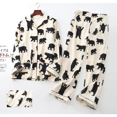 Womens Pajamas Set Brushed Cartoon Bear Print Long Sleeve Cardigan Trousers Sleepwear Sets Casual Loose Pijamas Mujer Homewear
