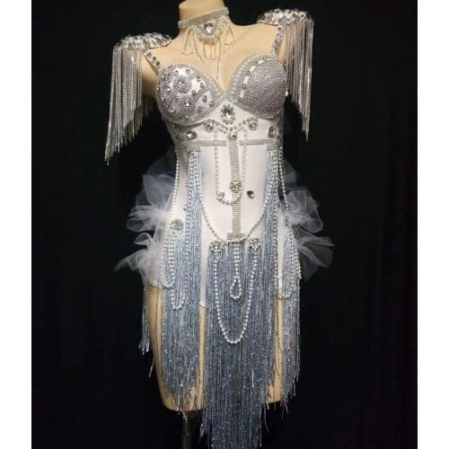 Sparkling White Crystal Tassel Women Bodysuits Embellished Beaded Diamond Backless Sleeveless Tight Nightclub Bar Dance Costume