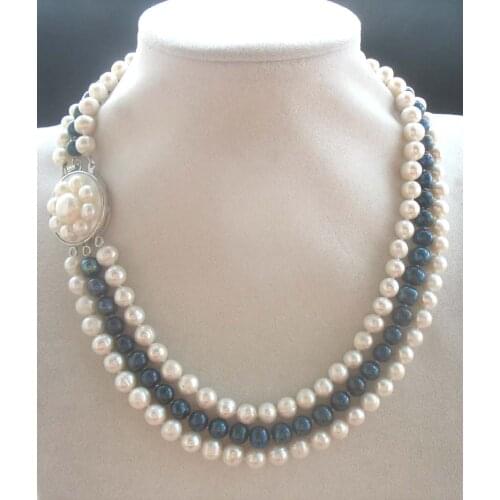 3rows freshwater pearl white black near round 7-8mm necklace 18-20inch FPPJ wholesale beads nature