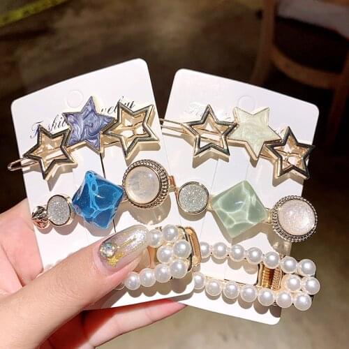 3pcs/Set Pearls Sweet Hair Clips Girls Fashion Stars Hairpins Geometric Acrylic Ornaments Women Vintage Hair Accessories Sets