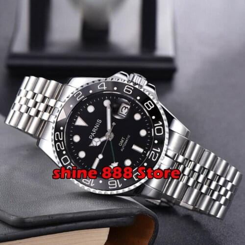 40mm Parnis Mechanical Watches Ceramic Bezel GMT Watch Full Stainless Steel Sapphire Automatic movement mens Watch