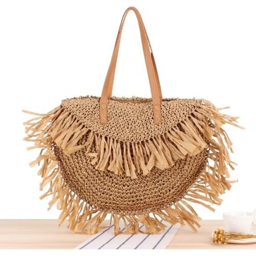40x33CM The New Semi-circular Tassel Shoulder Straw Bag Sui Sui Paper Woven Bag Beach Bag Fashion Women a7259