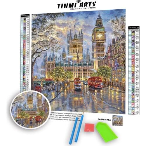5D Full Round Diamond Painting Kits by Numbers DIY Mosaic Cross Stitch Pattern Raining European Street Handmade Embroidery