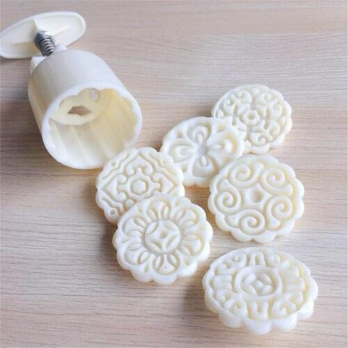 6pcs/set Flower Shaped Mooncake Mold 50g Cake Mold Hand Pressure Fondant Moon Cake Decorating Tools Cookie Cutter Baking Tool