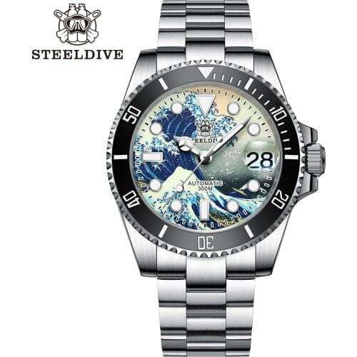 Automatic Steel Dive Watch Black Dial NH35 300m Mechanical Men Watch Luxury Sapphire Crystal Full Luminous Kanagawa Surf SD1953J