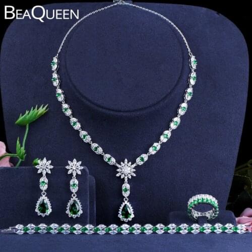 BeaQueen Elegant 4pcs Wedding Jewelry Sets Green CZ Crystal Earring Necklace Bracelet and Ring Set Women Dress Accessories JS258