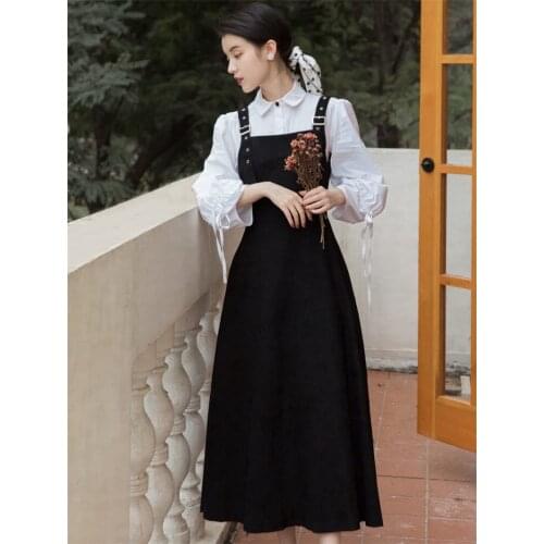 White Shirt Black Strap Dress Matching Suit Mid-Length Fashion Two Piece Puff Sleeve Female Summer French Retro Outfits zh1625