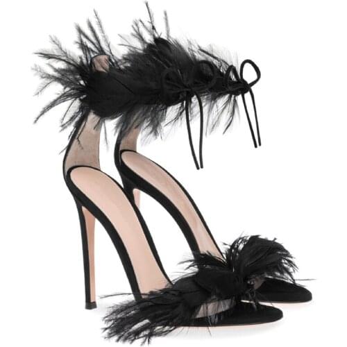 Feather High Heeled Sandals 2021 Summer Shoes Woman Black Banquet Wedding Party Shoes Sexy Hollow Out Sandalias Mujer Gladiator