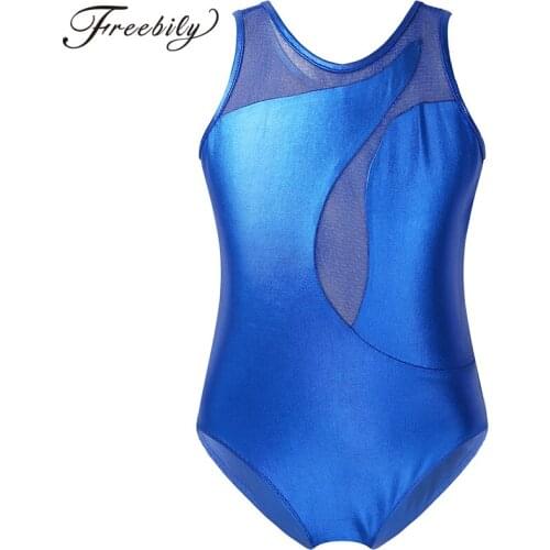 Kids Patent Leather Sleeveless Asymmetrical Tulle Splice Gymnastics Leotard for Girls Ballet Stage Performance Dance Costumes