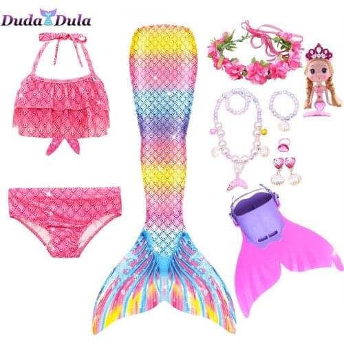 5pcs Mermaid Tails for Swimming Girls with Monofin Costumes Children Kids Halloween Cosplay Swimsuit Bikini Set Monofin Fin