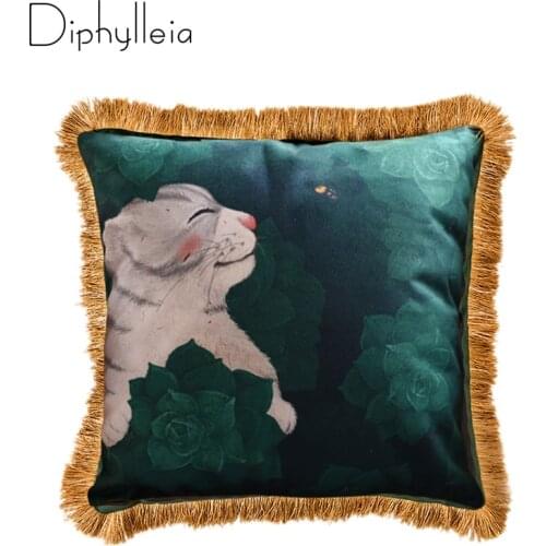 Diphylleia Retro Pillow Cover Cute Kitten Cat Print Luxury Velvet Lime Dark Green Cushion Cover Pillowcase Home Decor 45x45cm