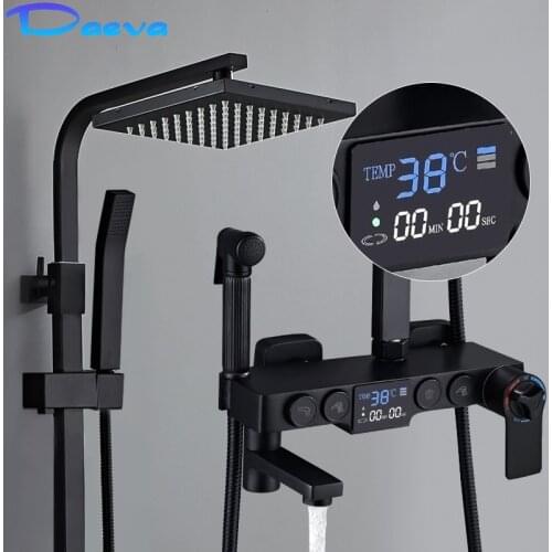 Shower System Smart Thermostatic Bathroom LCD Digital Black Shower Set Hot Cold Bath Wall Mount Faucet Modern SPA Rainfall Tap