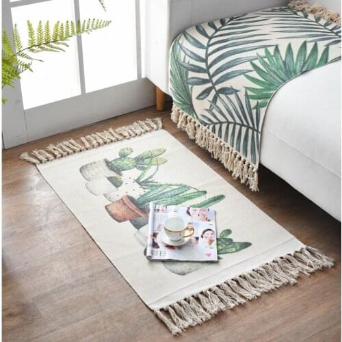 Ethnic Cotton Linen Rectangle Bohemia Woven Floor Mat Geometric Pattern with Tassels Bedroom Living Room Home Knitting Carpet