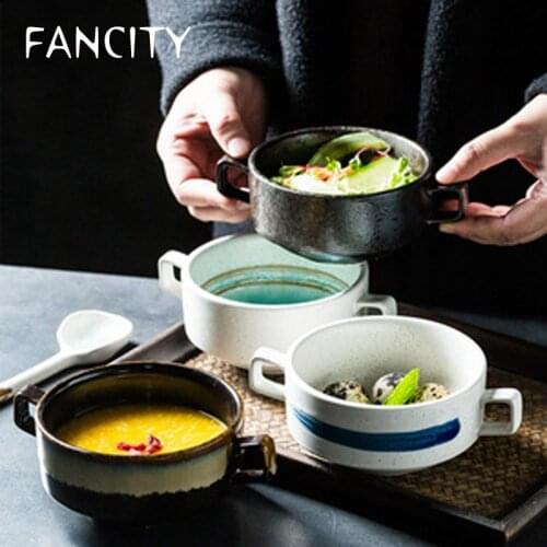 FANCITY Japanese style simple and creative binaural ceramic bowl dessert bowl soup bowl ceramic stew bowl home small bowl soup