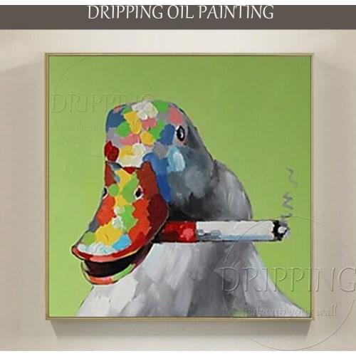 Artist Hand-painted High Quality Modern Animal Duck Oil Painting on Canvas Hand-painted Funny Animal Duck Smoking Oil Painting