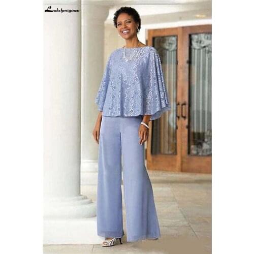 Lace Mother Of The Bride Pant Suits With Wrap Bateau Neck Wedding Guest Dress Plus Size Chiffon Mothers Groom Dresses
