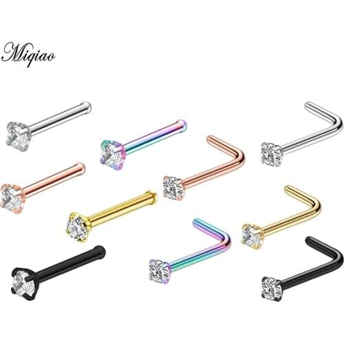 Miqiao 1pcs Explosive Exquisite Stainless Steel Zircon Nose Nail Straight Rod Curved Rod Nose Nail Piercing Jewelry