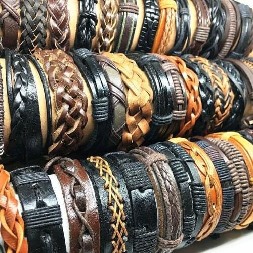 Wholesale 50pcs Leather bracelets and bangles for men women unisex assorted retro top Genuine charms tribal mix styles jewelry
