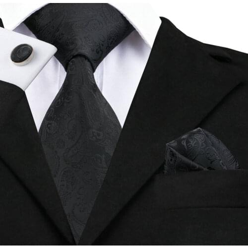Mens Tie Black Paisley Silk Jacquard Necktie Hanky Cufflink Set Business Casual Ties For Men C-823