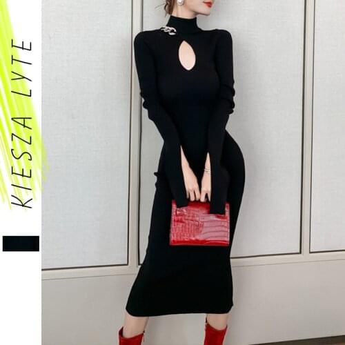 Spring Summer 2021 Women Dresses Sexy Hollow Out Slit Slim Knit Buttocks Black Midi Party Dress Runway Designer