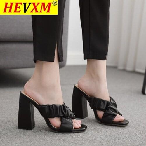 Big Size Square heel High-Heeled Shoes Lady Slippers Casual Slipers Women Slides Low Cross-Tied Block Luxury 2021 PU Rubber