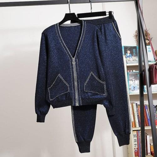 Navy Blue Bright Silk Knit Tracksuits Set Outfits Female Loose Big Pocket V-Neck Cardigan Sweater Long Pencil Pants Suit Female